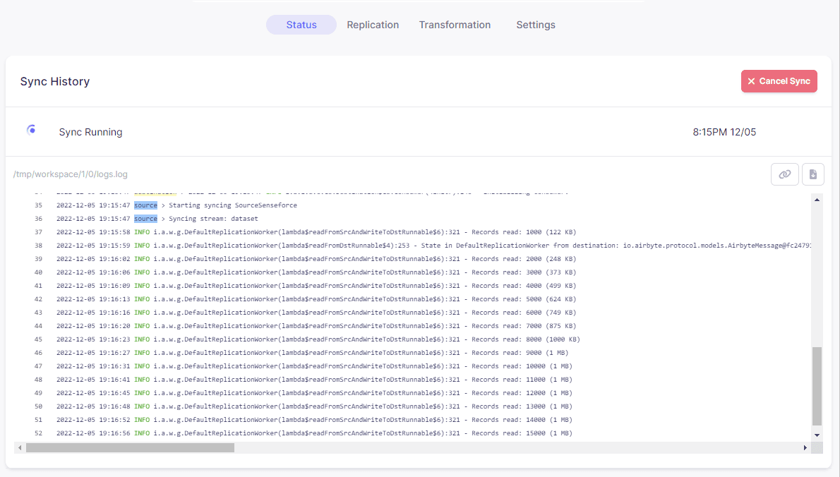 Airbyte sync logs