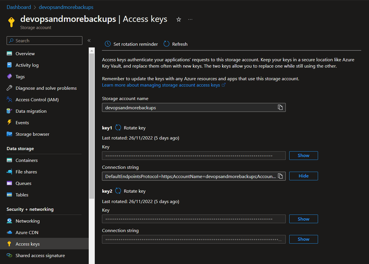 Azure Blob Storage Access Keys